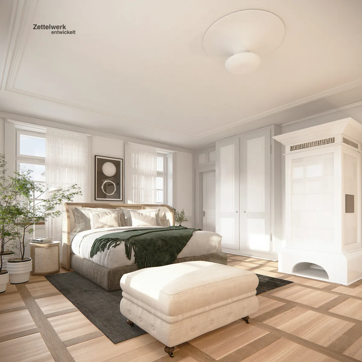 Man sieht Visualisierungen des Innenraums einer alten, sanierten Villa mit diversen Möbeln.